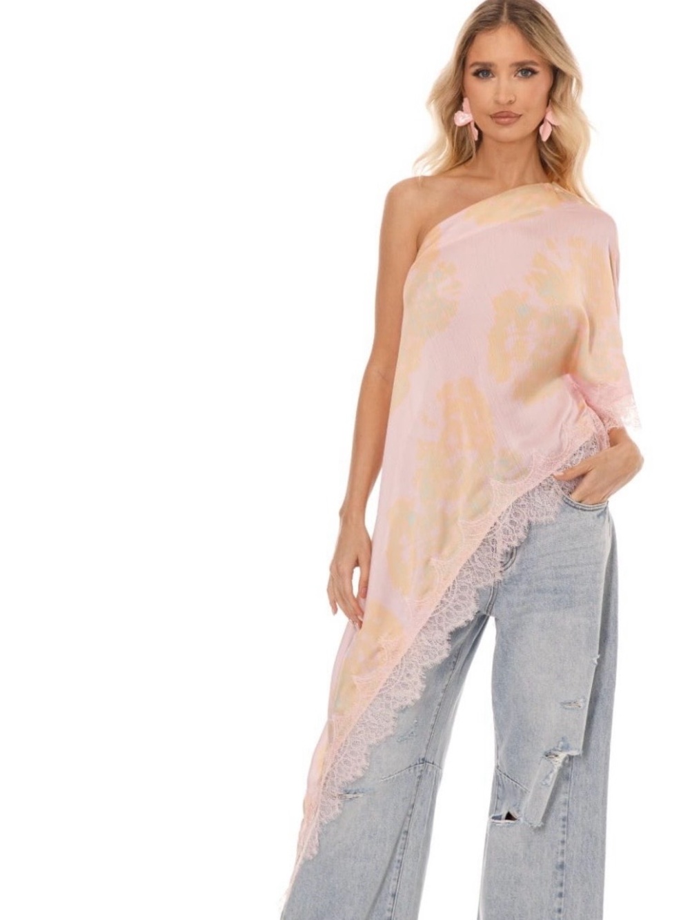 One-Shoulder Blush Mirage Lace-Trim Asymmetrical Pink Draped Top - Picture 2 of 3